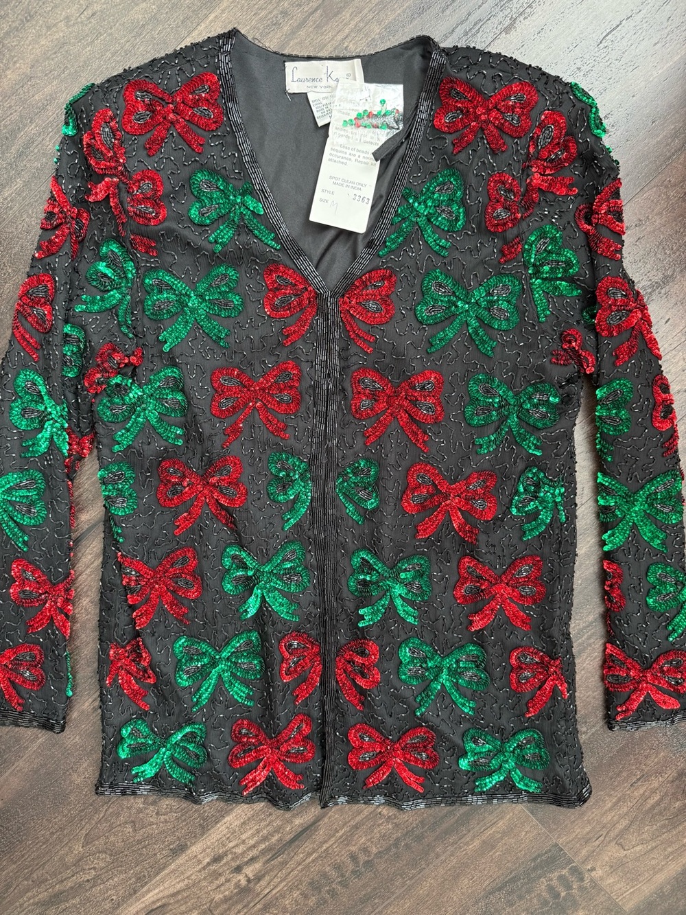 NWT Laurence Kazar Silk Beaded Sequin Bow Holiday Jacket Top M - Picture 5 of 12